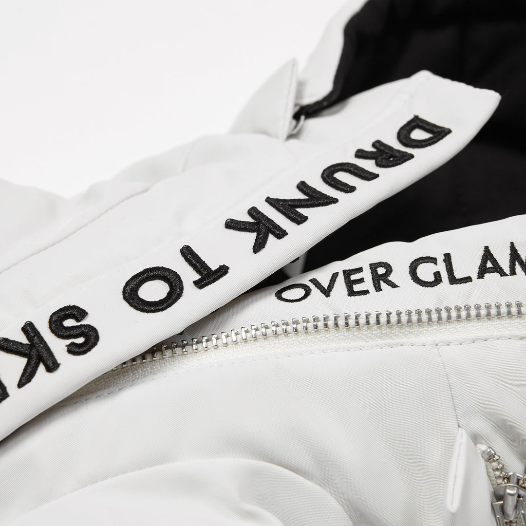 Zip Up Puffer Ski Jacket with Placket Embroidered White OVERGLAM LONDON